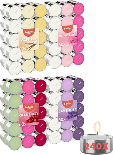 Bolsius - Velas de té perfumadas multicolor – 30 unidades – Varias fragancias – 12 colores – Larga duración 6 horas – Velas decorativas - sin aceite de palme – 1 paquetes de 30 velas